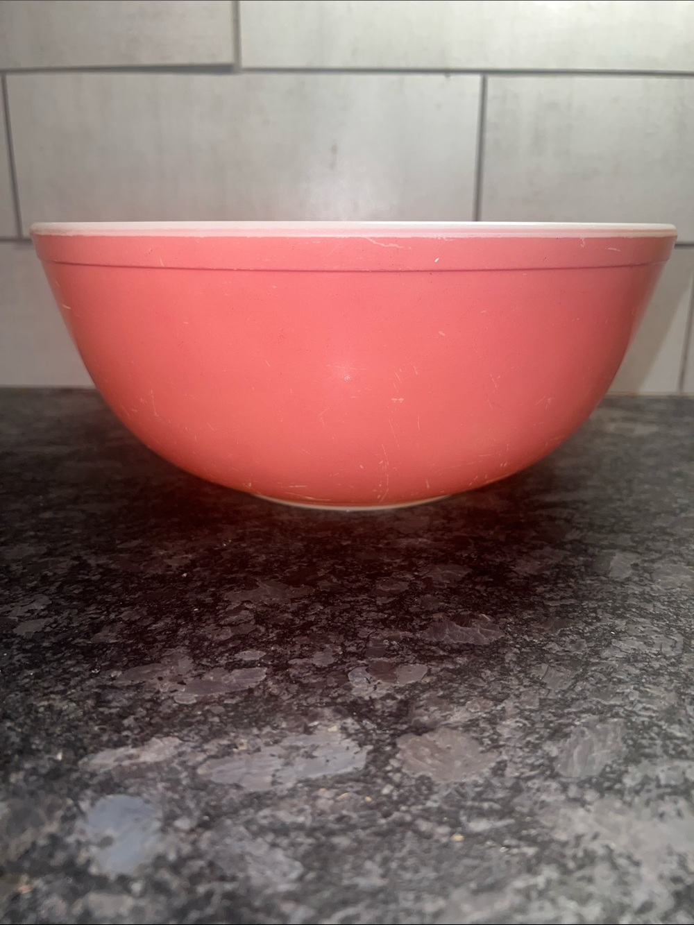 404 Vintage Pyrex Coral Pink  Mixing Bowl with White Interior.